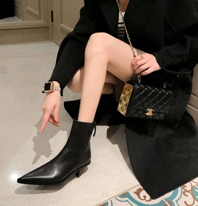 SLSHLYJ Pointed Cowhide Ankle Boots – 5.5cm Slim Heel