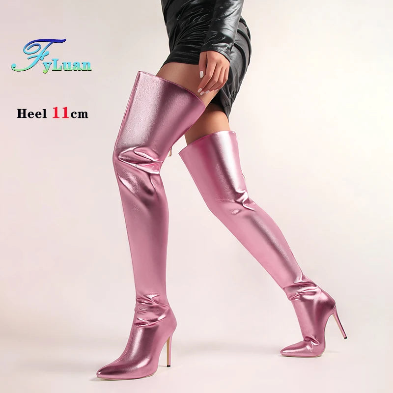 Fyluan Women’s Shiny Gold Over-the-Knee Boots – 11cm High Heels, Pointed Toe