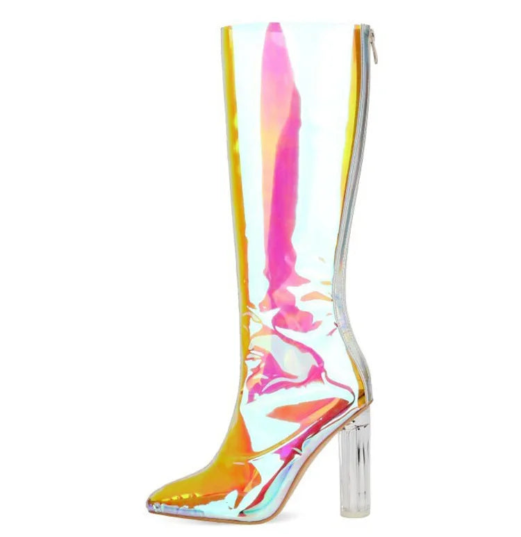 Sexy Pointed Crystal Transparent Knee-High Boots