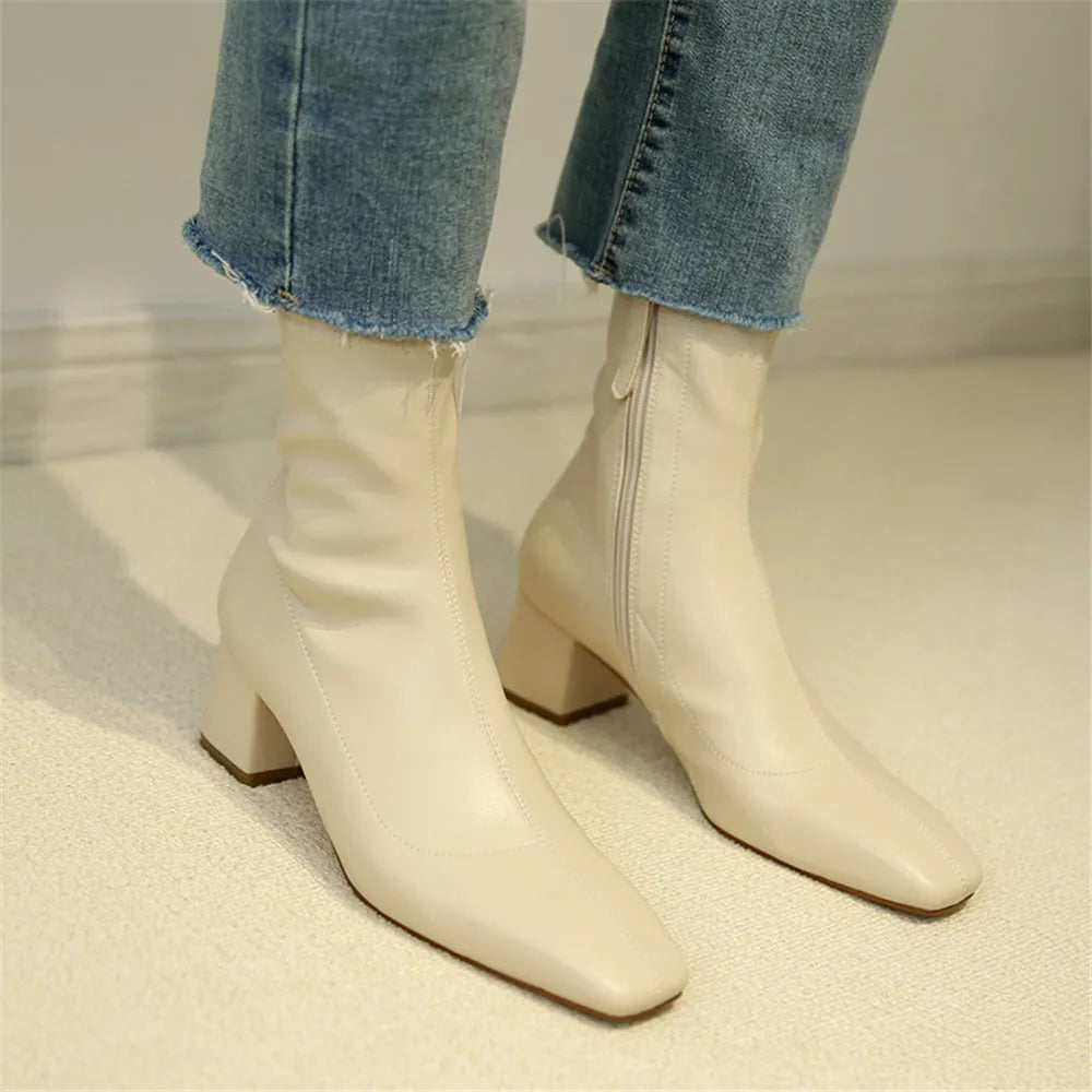 Diane Lockhart Square Toe Elastic Ankle Boots – Chic Thick-Heeled Bare Booties for Women