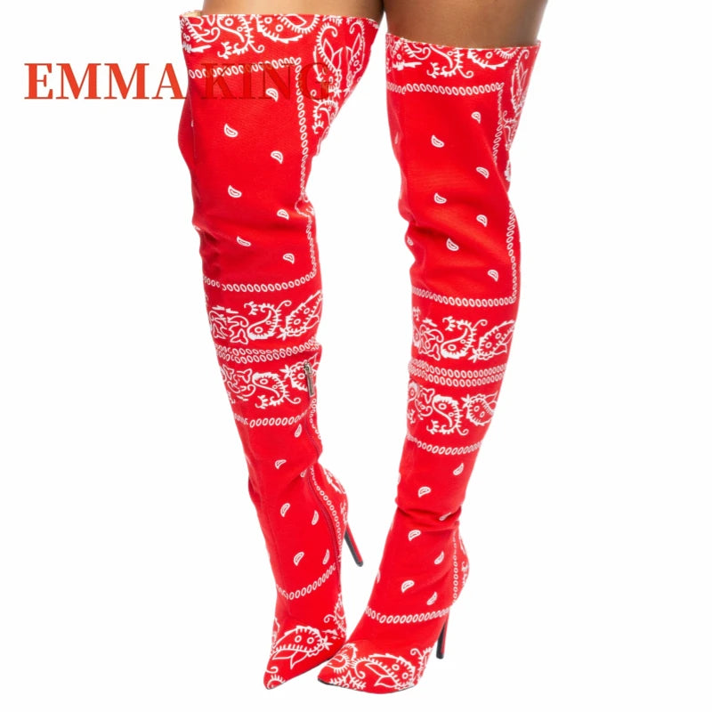 Thigh-High Bandana Print Boots – Sexy Pointed Toe Stiletto Heels