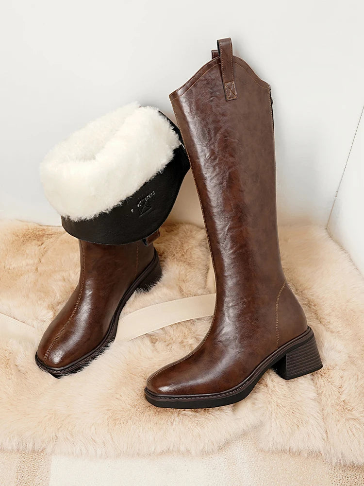 DIMANYU Women’s Mid-Calf Leather Winter Boots – Natural Wool