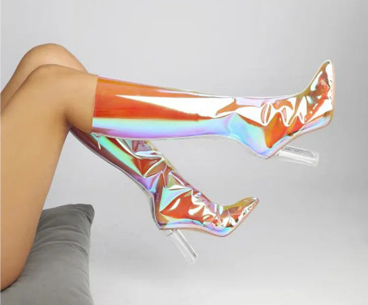 Sexy Pointed Crystal Transparent Knee-High Boots