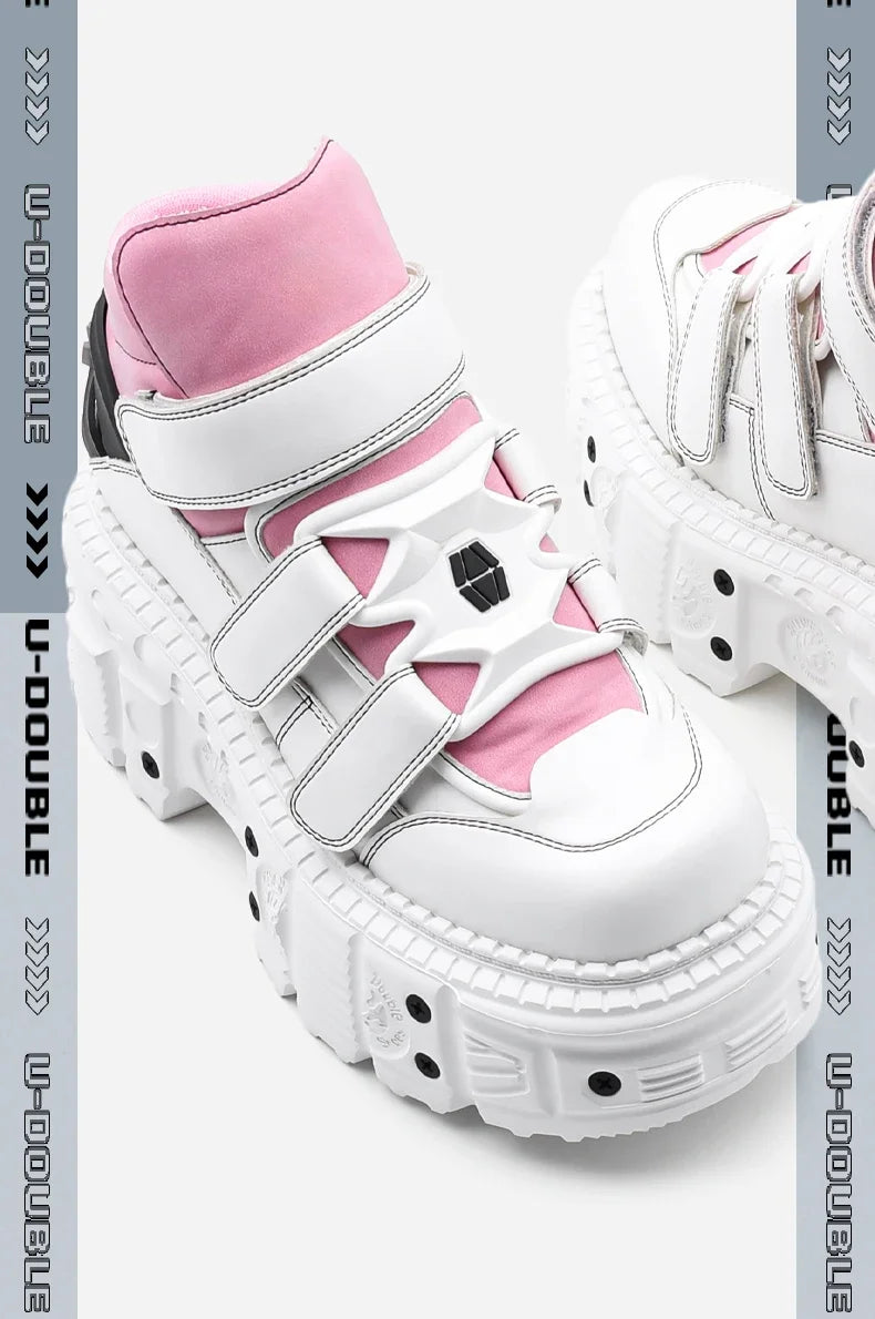 Pink Style Women’s Knee-High Boots – Lace-Up Platform Heel with Metal Detail