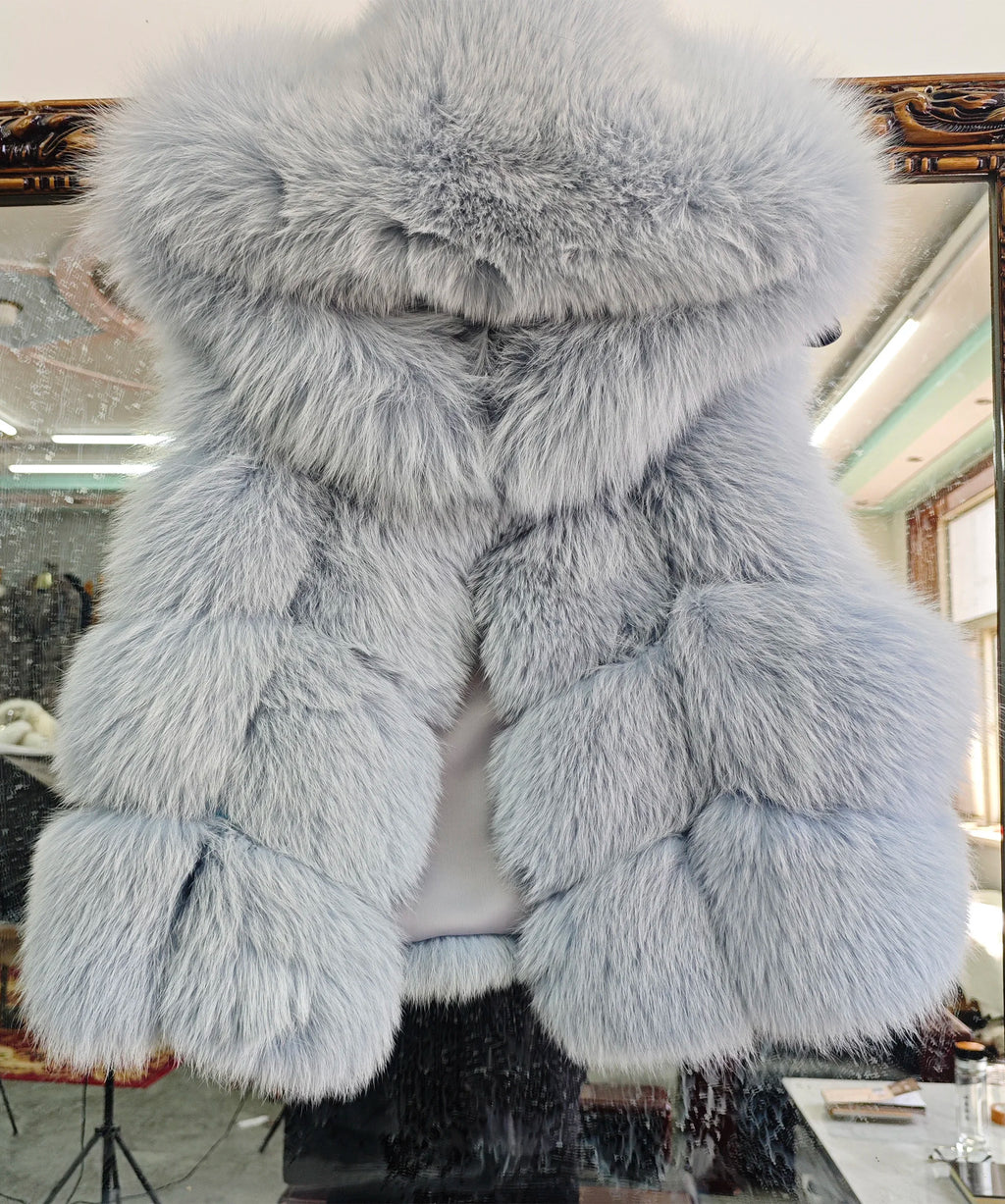 Real Silver Fox Fur Vest – Hooded Genuine Leather Sleeveless Jacket for Women