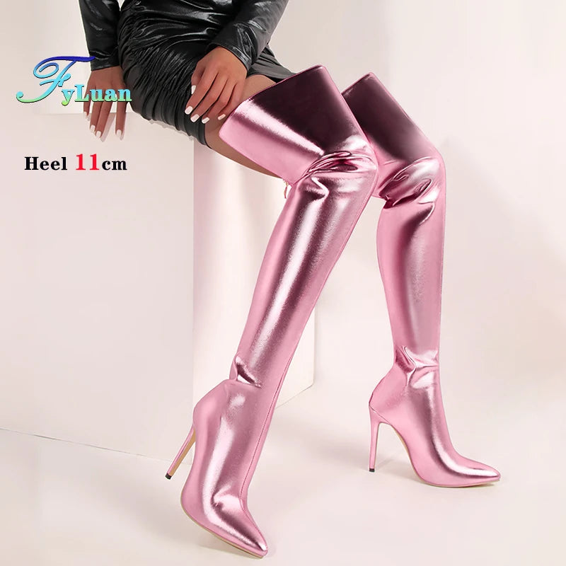 Fyluan Women’s Shiny Gold Over-the-Knee Boots – 11cm High Heels, Pointed Toe