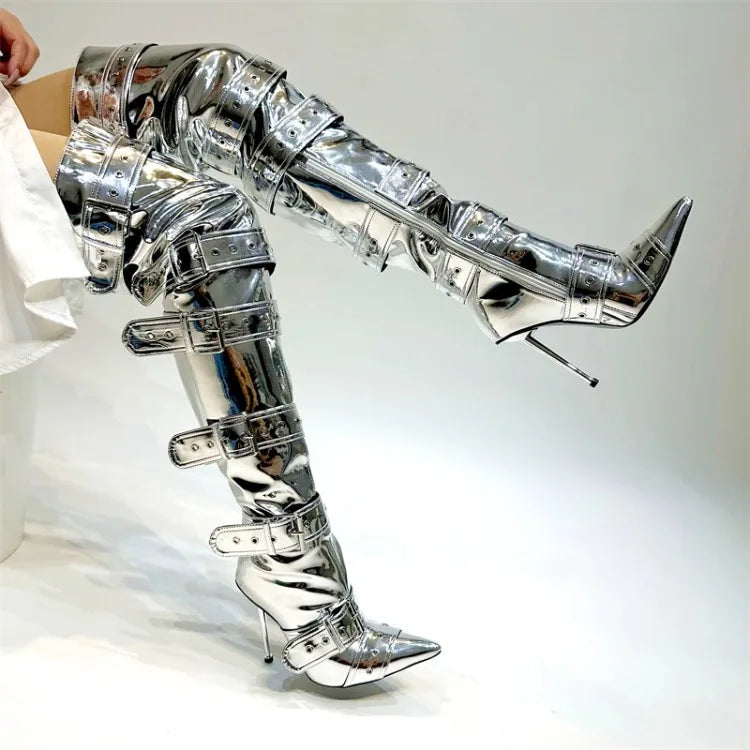 SLSHLYJ Denim Rivet Over-the-Knee Boots – 12cm Heels, Punk Silver Buckle