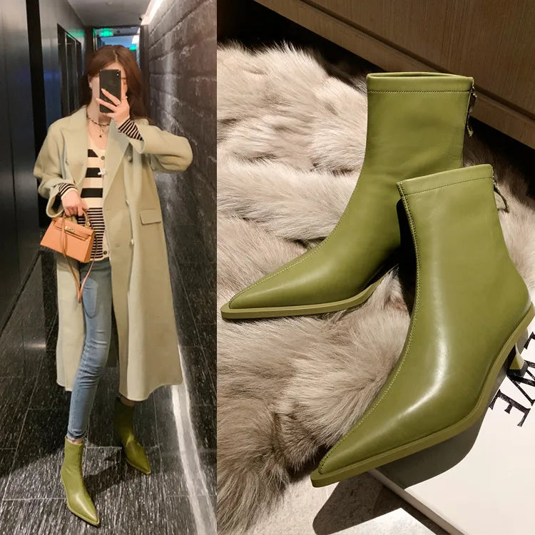 SLSHLYJ Pointed Cowhide Ankle Boots – 5.5cm Slim Heel