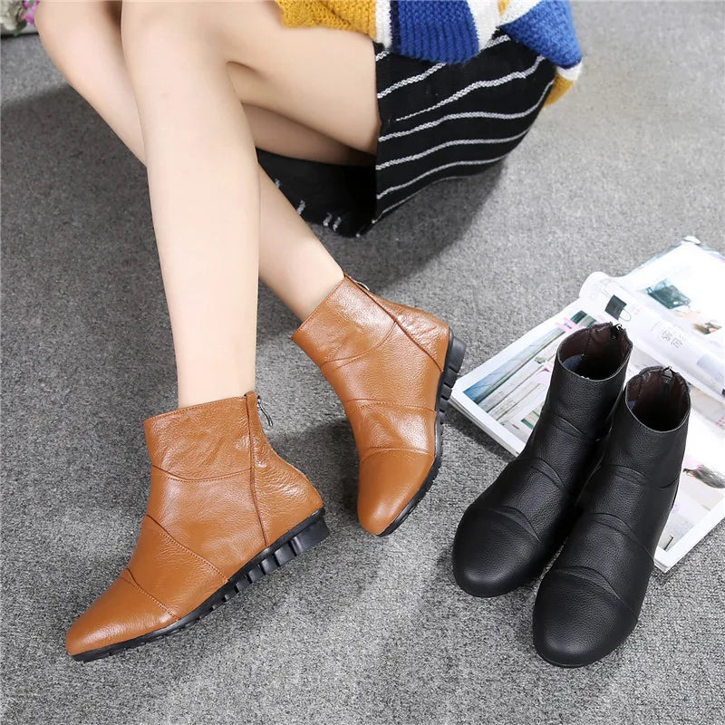 WOIZGIC Women’s Genuine Leather Platform Ankle Boots Zipper Warm Plush Autumn Winter
