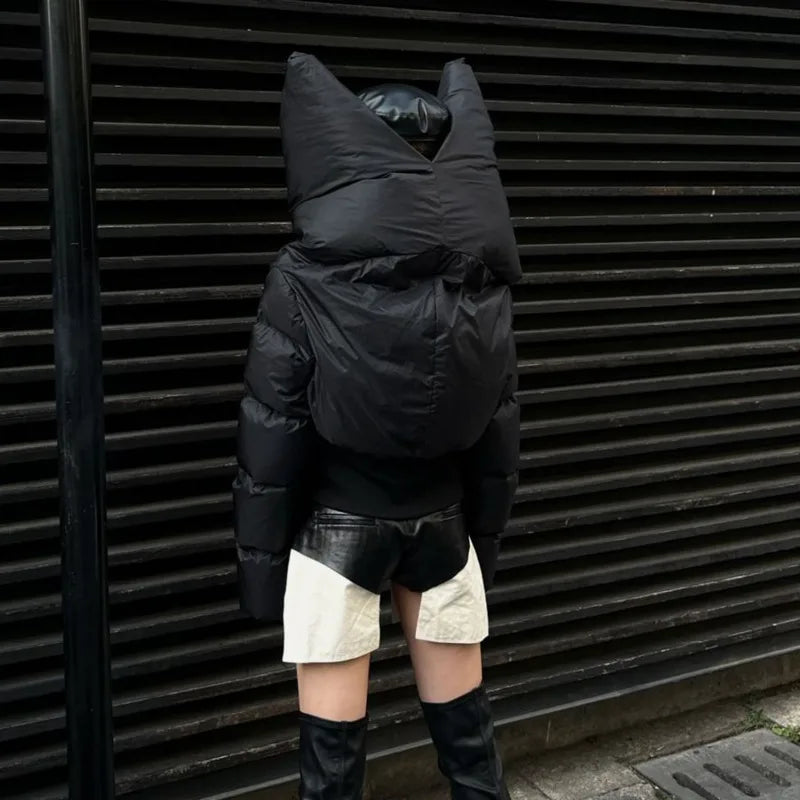 HKSH Asymmetrical Short Down Jacket – Stand Collar Dark Style Winter Coat for Women