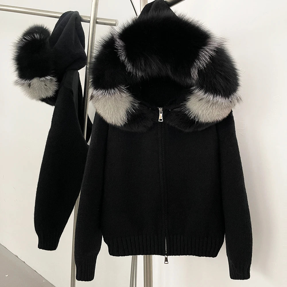 Real Fox Fur Hooded Sweater – Loose Knit Zipper Cardigan