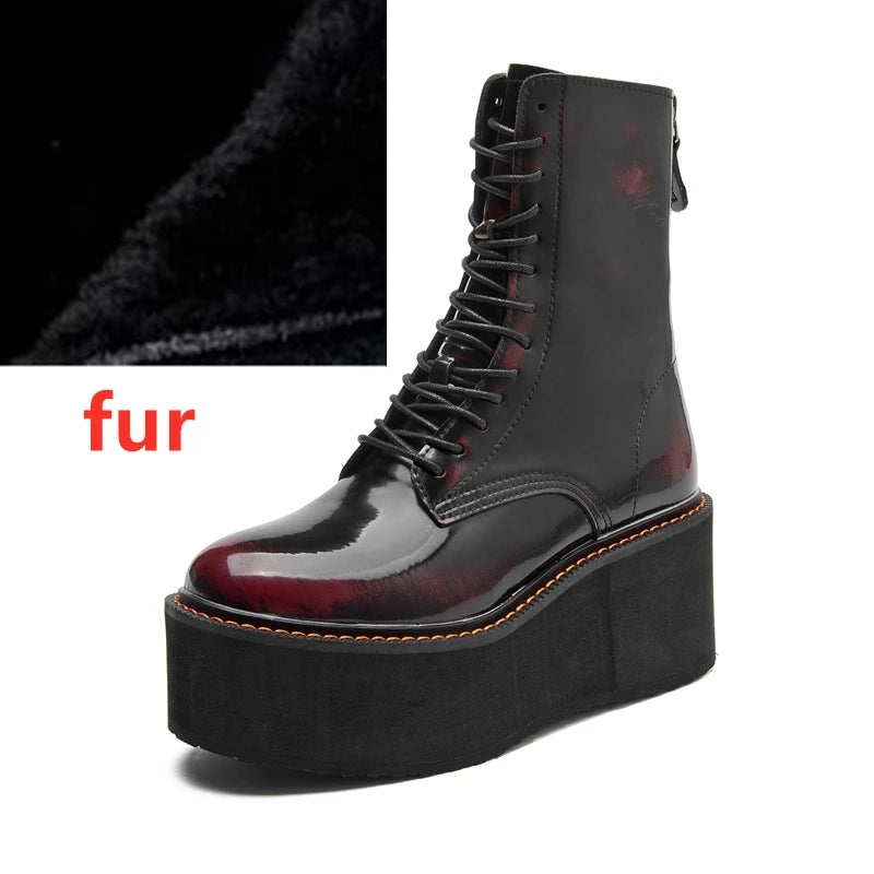 Women’s Genuine Leather Ankle Boots – Retro Lace-Up High-Heel Platform Short Boots