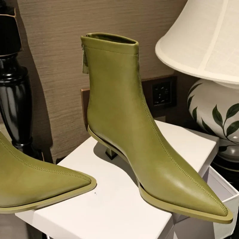 SLSHLYJ Pointed Cowhide Ankle Boots – 5.5cm Slim Heel