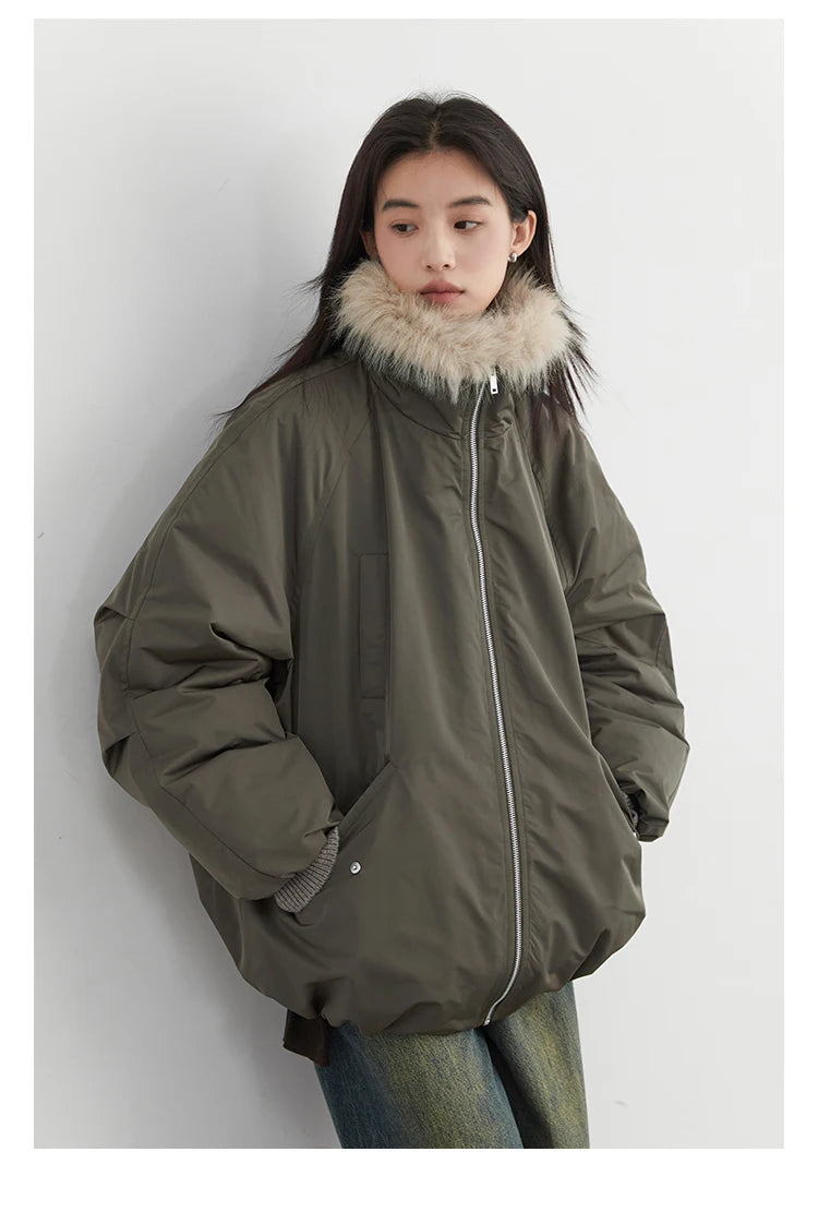 Korean Women’s Down Coat – Loose Hooded Jacket with Faux Fur Collar, 90% White Duck Down, Autumn/Winter 2025