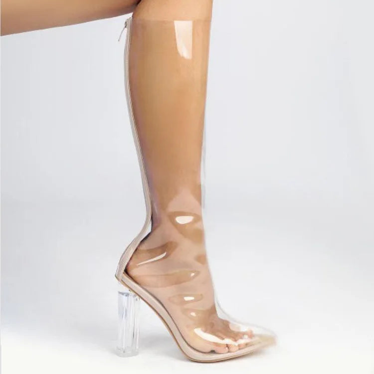 Sexy Pointed Crystal Transparent Knee-High Boots