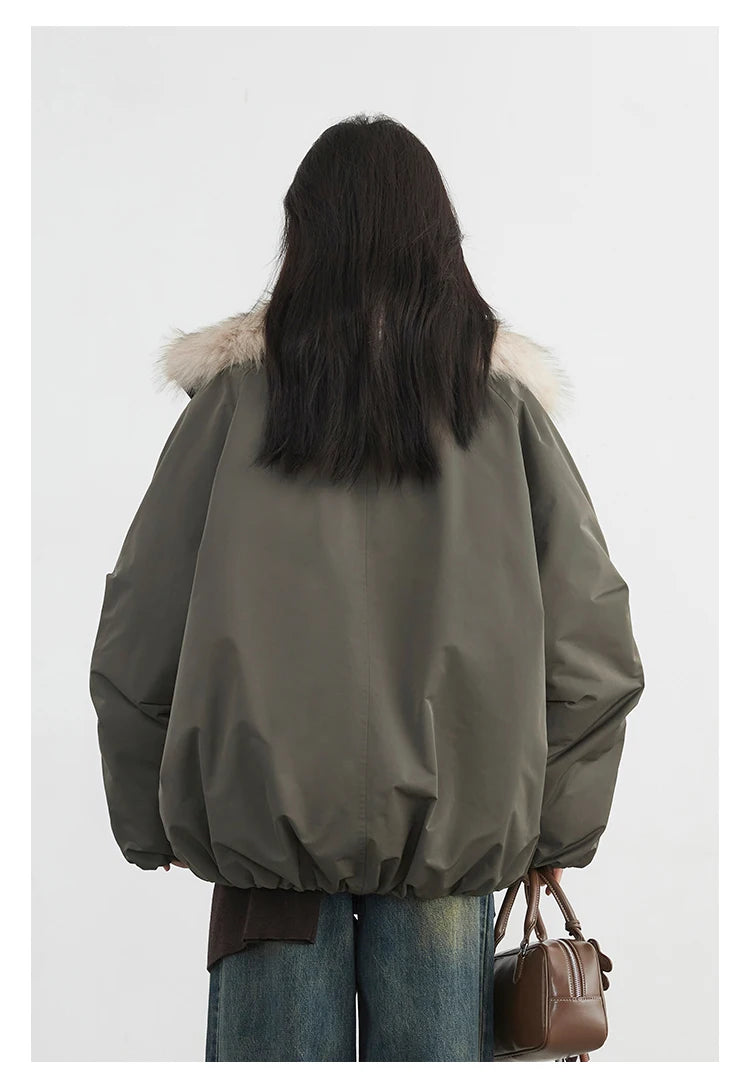 Korean Women’s Down Coat – Loose Hooded Jacket with Faux Fur Collar, 90% White Duck Down, Autumn/Winter 2025