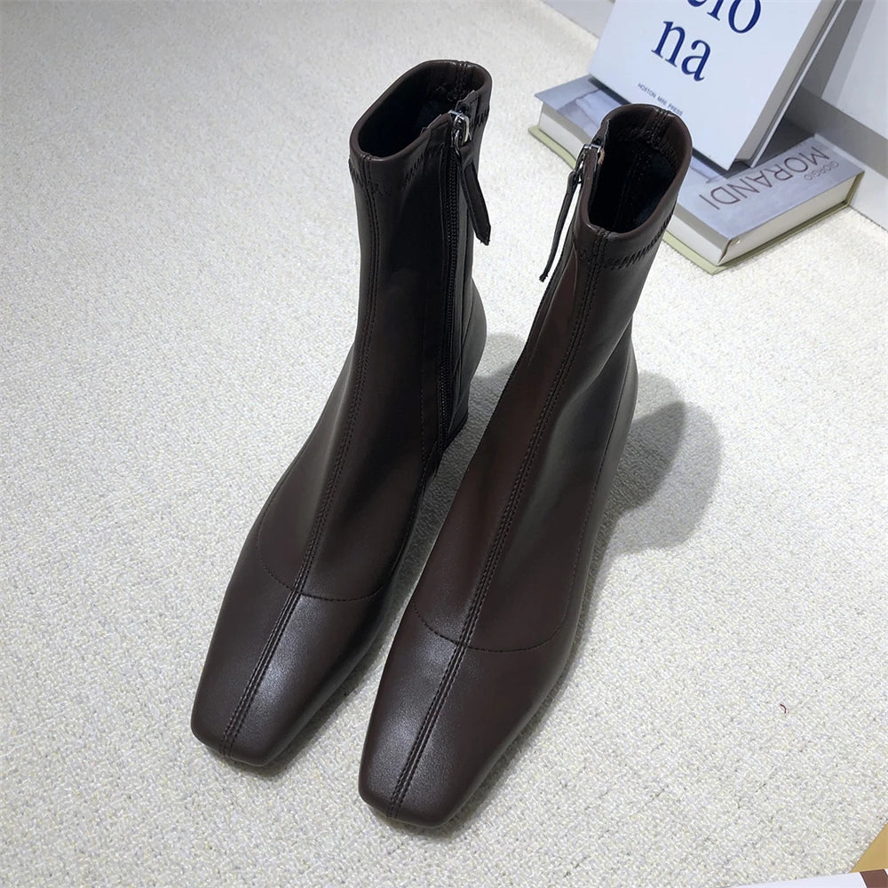 Diane Lockhart Square Toe Elastic Ankle Boots – Chic Thick-Heeled Bare Booties for Women