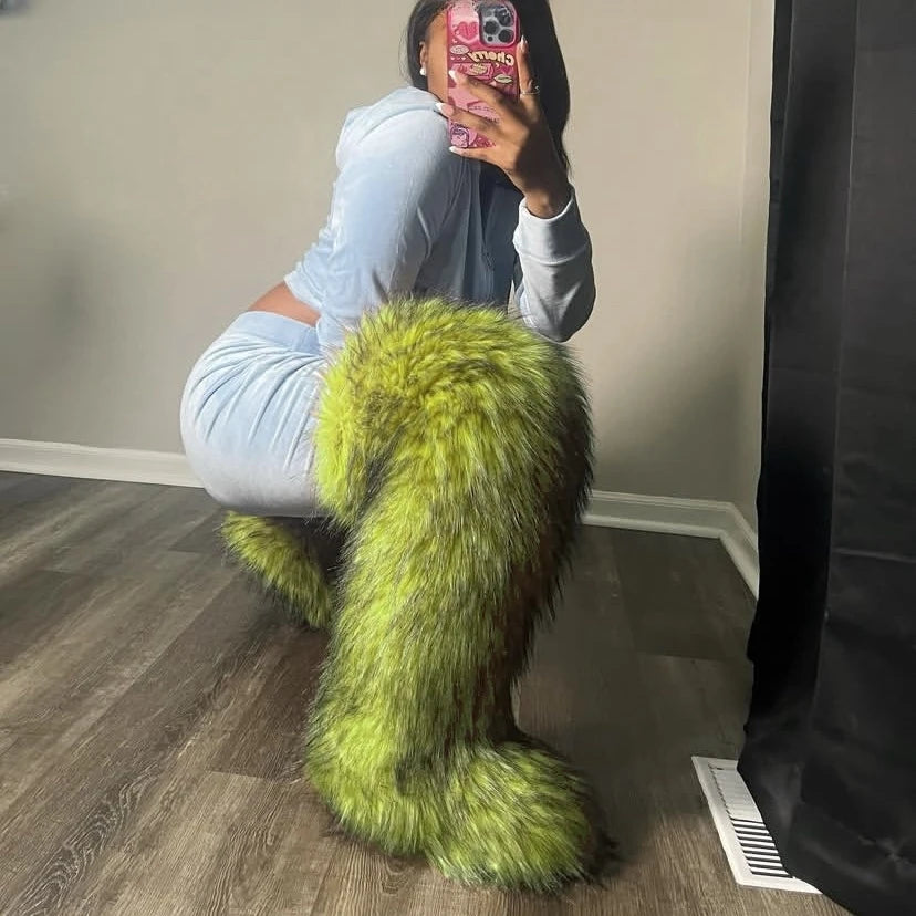 Faux Mongolian Thigh-High Boots Winter Warm Faux Fur Flat Over-the-Knee