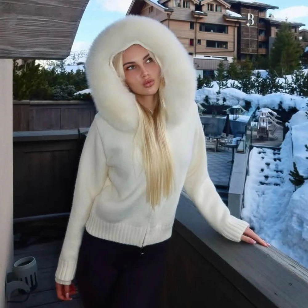 Real Fox Fur Hooded Sweater – Loose Knit Zipper Cardigan