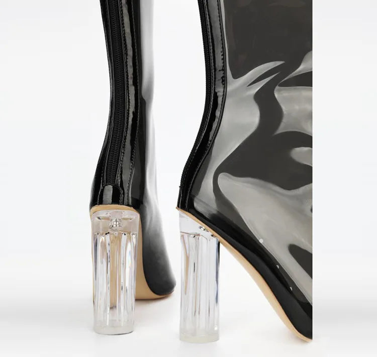 Sexy Pointed Crystal Transparent Knee-High Boots