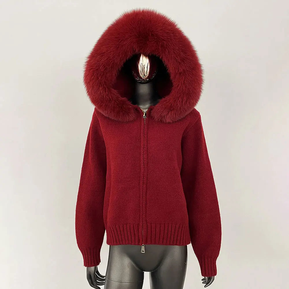 Real Fox Fur Hooded Sweater – Loose Knit Zipper Cardigan