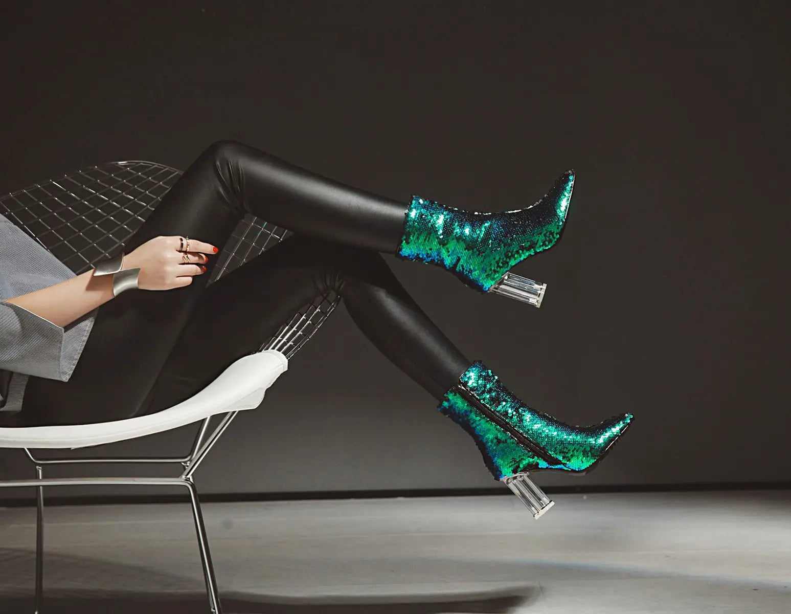 Sequined Short Boots – Women’s Bling Chunk Heel Pointed Toe Ankle Booties