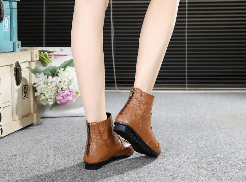 WOIZGIC Women’s Genuine Leather Platform Ankle Boots Zipper Warm Plush Autumn Winter
