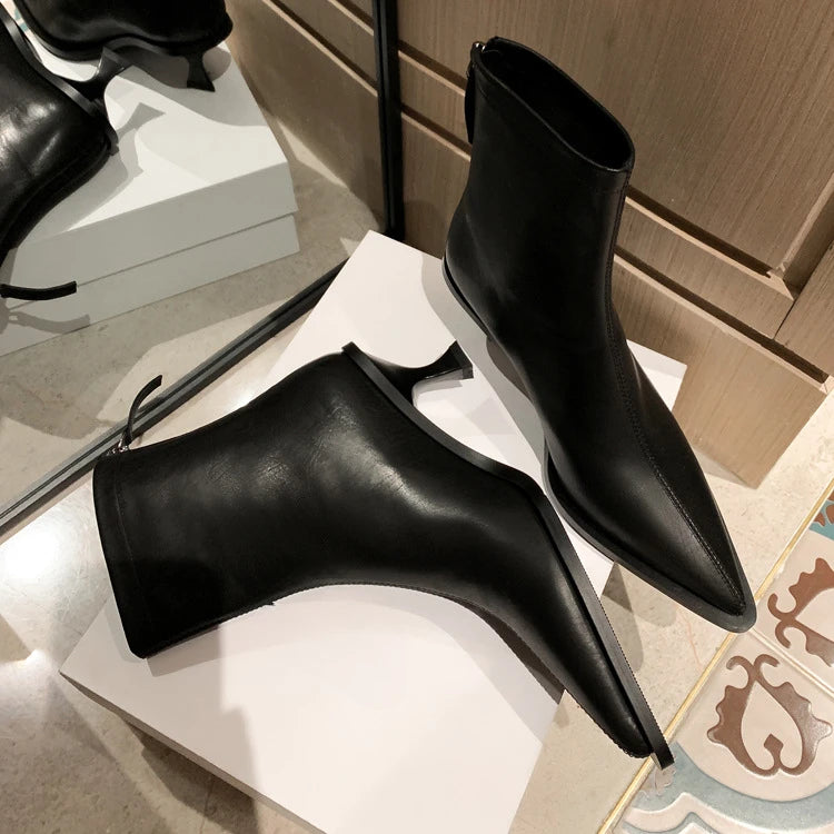 SLSHLYJ Pointed Cowhide Ankle Boots – 5.5cm Slim Heel