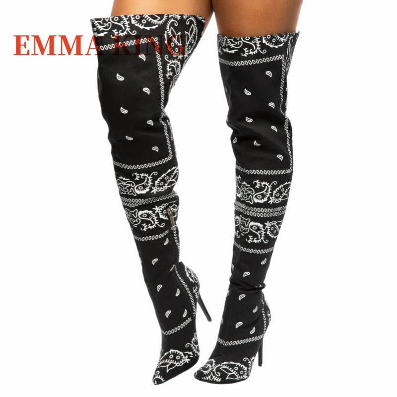 Thigh-High Bandana Print Boots – Sexy Pointed Toe Stiletto Heels