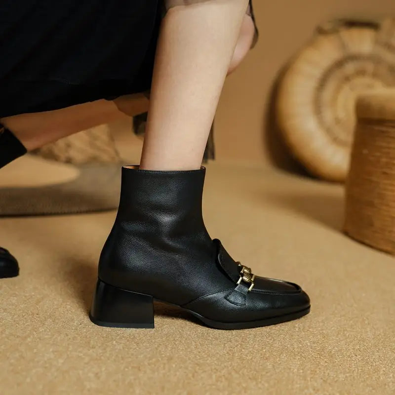 ASUMER Women’s Genuine Leather Ankle Boots – Zipper Square Mid Heels for Autumn & Winter