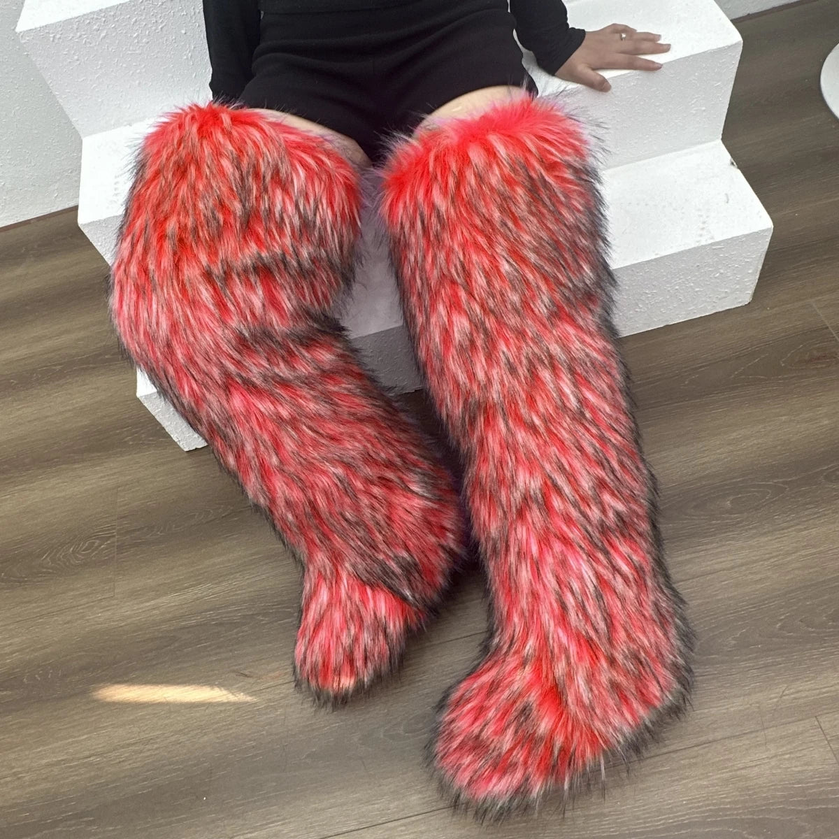Faux Mongolian Thigh-High Boots Winter Warm Faux Fur Flat Over-the-Knee