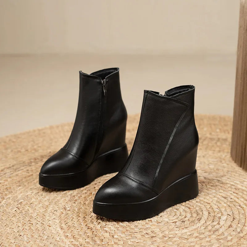 MKKHOU Genuine Leather Pointed Toe Wedge Boots