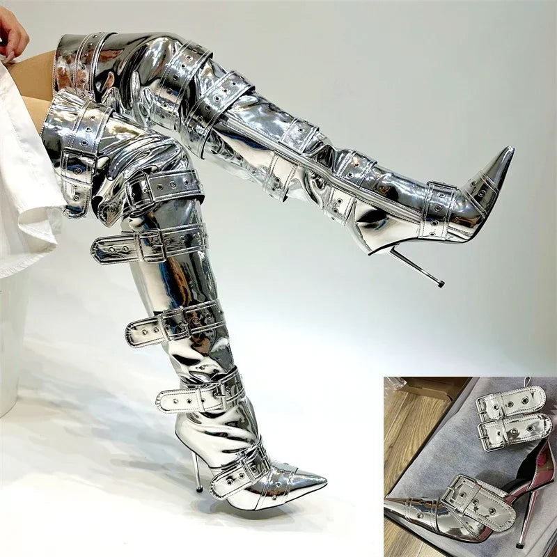 SLSHLYJ Denim Rivet Over-the-Knee Boots – 12cm Heels, Punk Silver Buckle