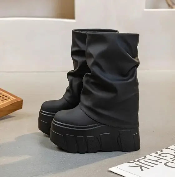 Calf Ankle Booties – PU Leather Motorcycle Boots with Platform, Winter 2025