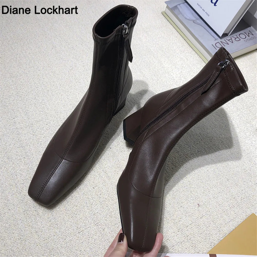 Diane Lockhart Square Toe Elastic Ankle Boots – Chic Thick-Heeled Bare Booties for Women