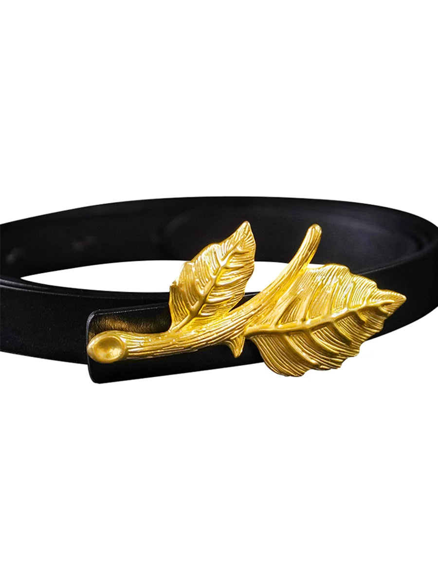 Four Seasons Women’s Original Design Leather Belt – Metal Alloy Leaves Series