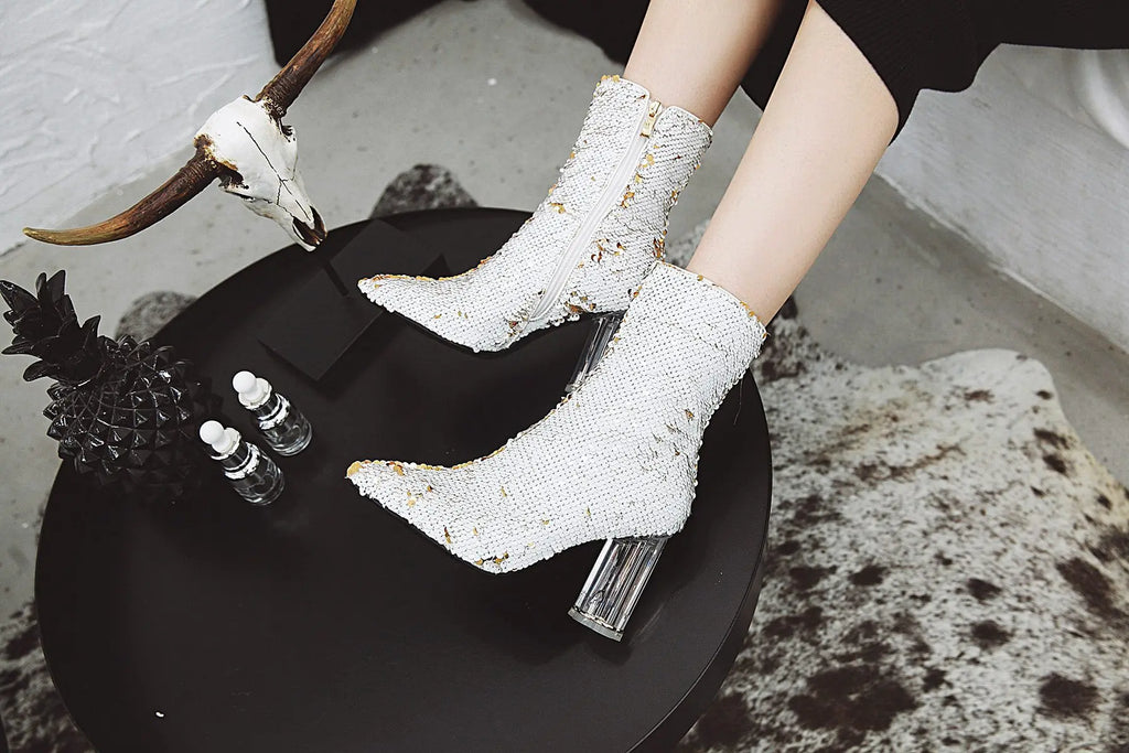 Sequined Short Boots – Women’s Bling Chunk Heel Pointed Toe Ankle Booties