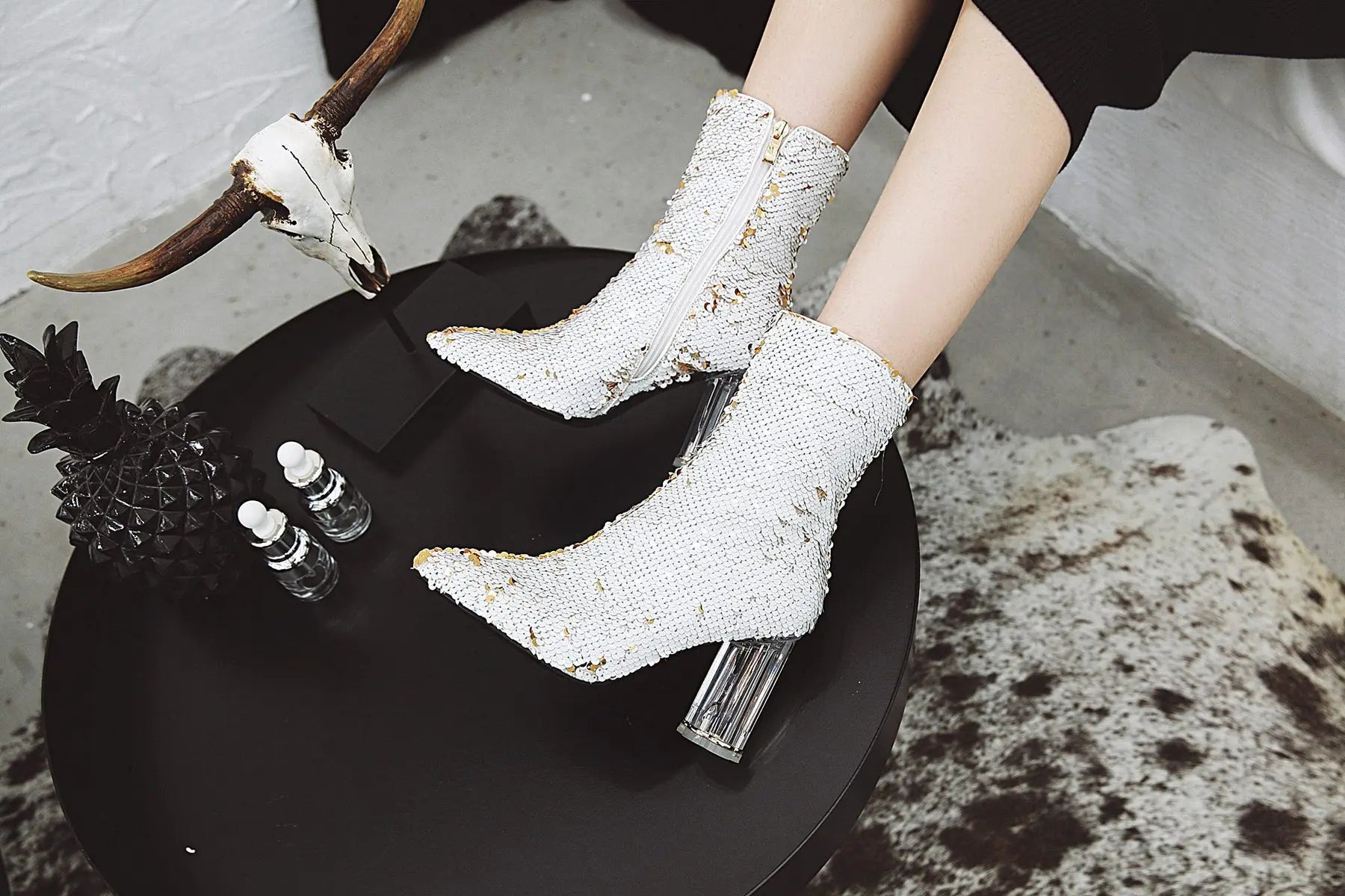 Sequined Short Boots – Women’s Bling Chunk Heel Pointed Toe Ankle Booties