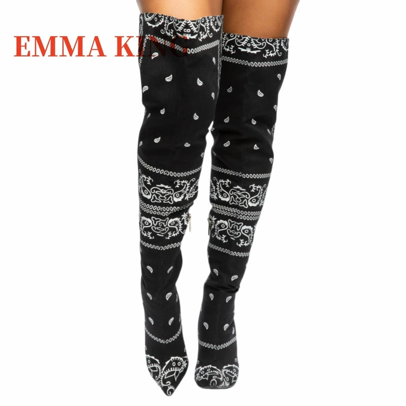Thigh-High Bandana Print Boots – Sexy Pointed Toe Stiletto Heels