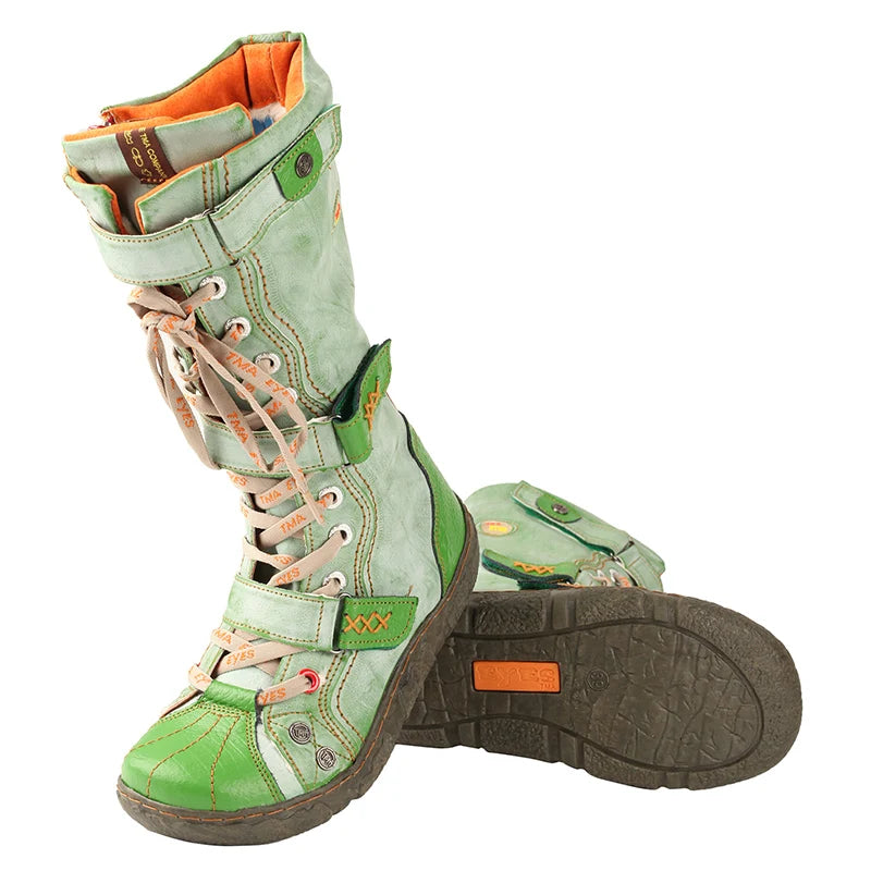 TMA EYES Washed PU Leather Flat Winter Boots – Warm Plush Lining, Mid-Calf