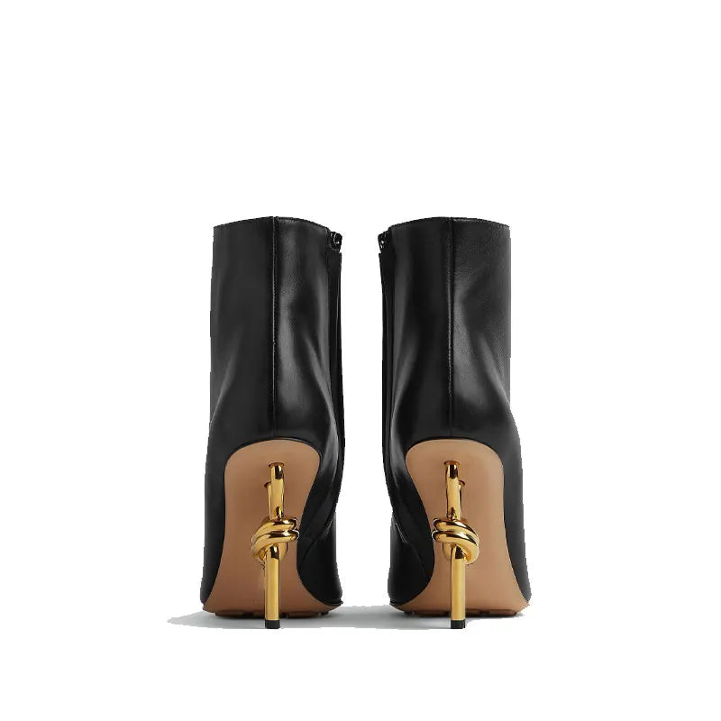 Thermal Square Toe Ankle Boots – Metal Knot Heel Stiletto Boots for Women