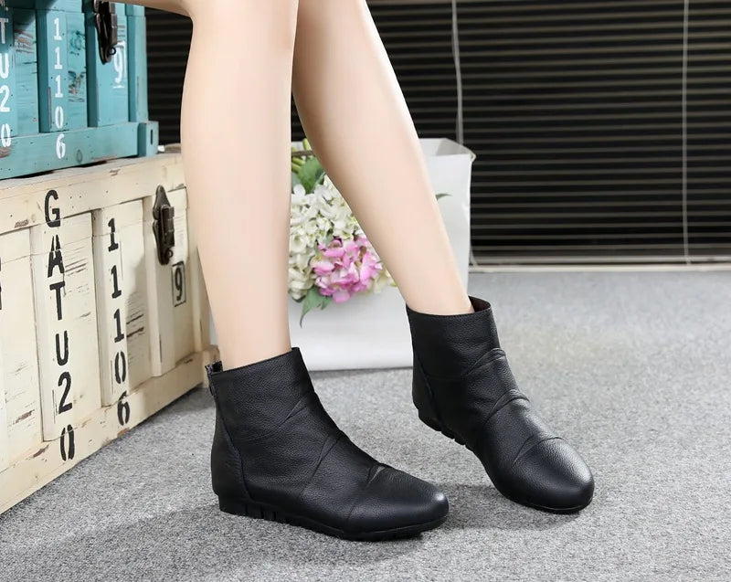 WOIZGIC Women’s Genuine Leather Platform Ankle Boots Zipper Warm Plush Autumn Winter