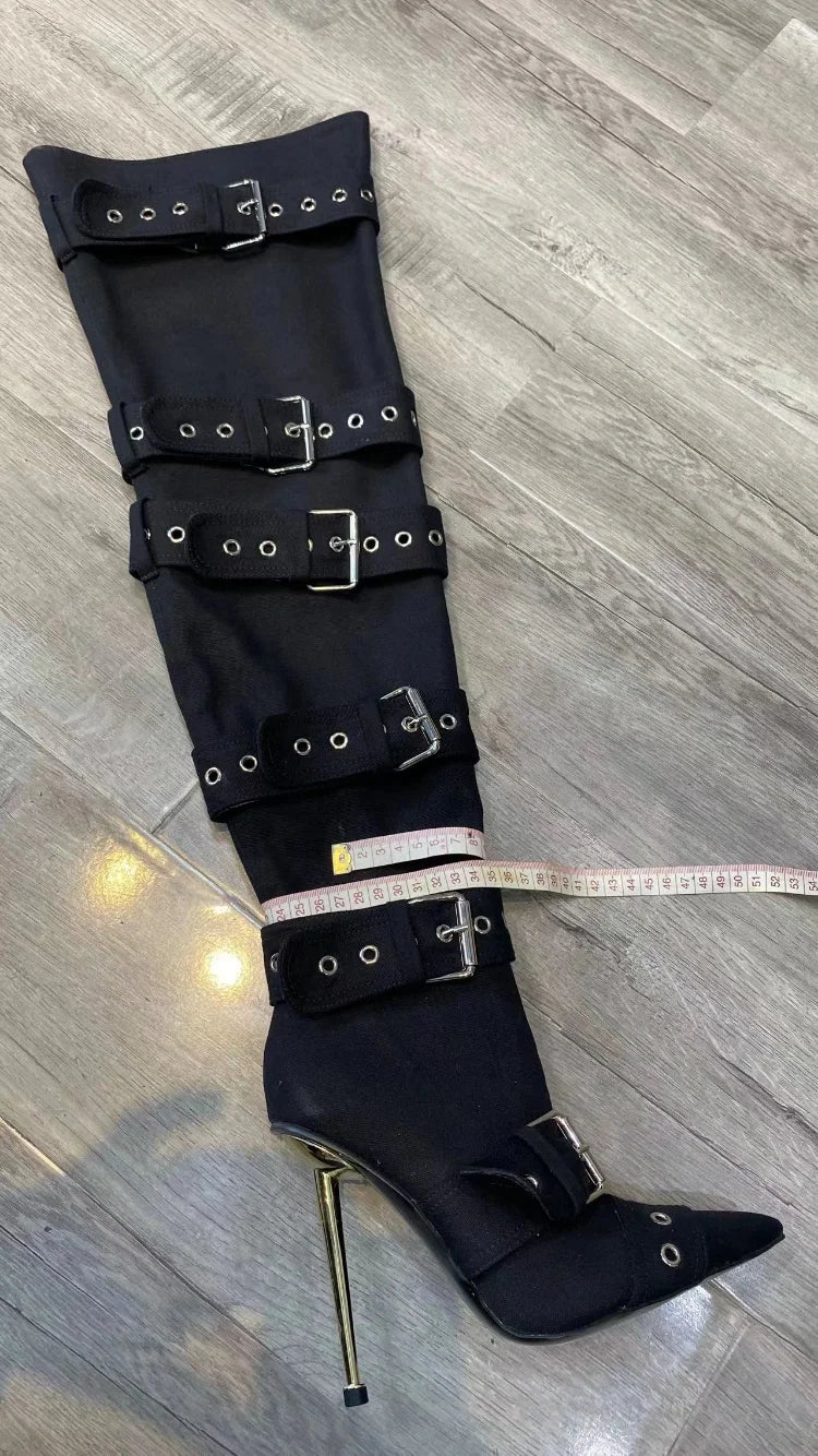 SLSHLYJ Denim Rivet Over-the-Knee Boots – 12cm Heels, Punk Silver Buckle