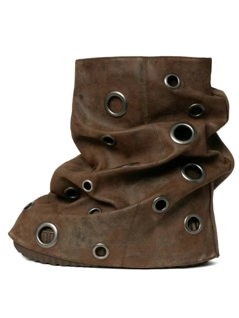 Roman Style Mid-Calf Boots – Thick Bottom, Metal Hole Detail, Slip-On Comfort