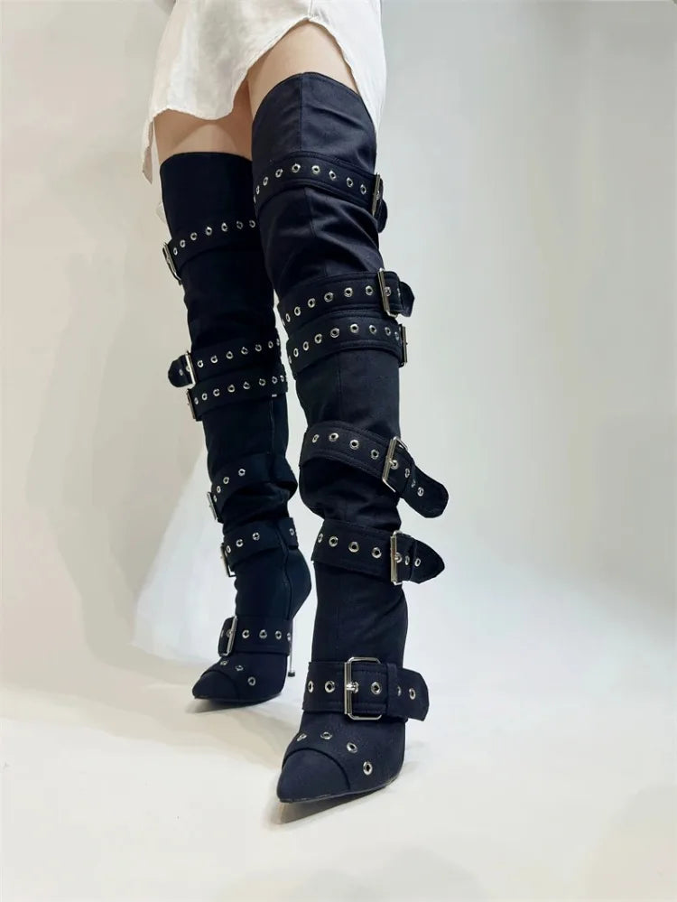 SLSHLYJ Denim Rivet Over-the-Knee Boots – 12cm Heels, Punk Silver Buckle