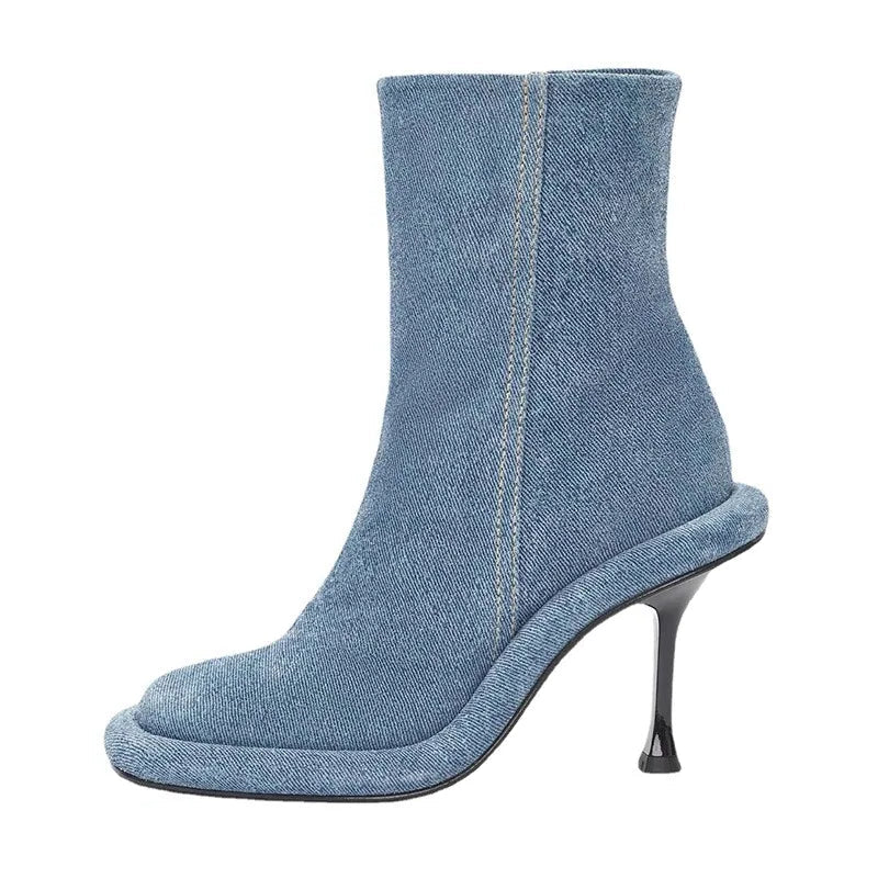 SLSHLYJ Women’s Blue Denim Ankle Boots – High Heel Thick Sole