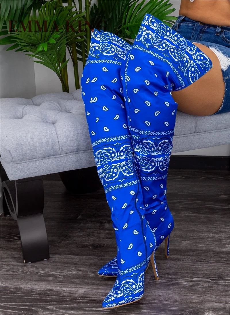 Thigh-High Bandana Print Boots – Sexy Pointed Toe Stiletto Heels