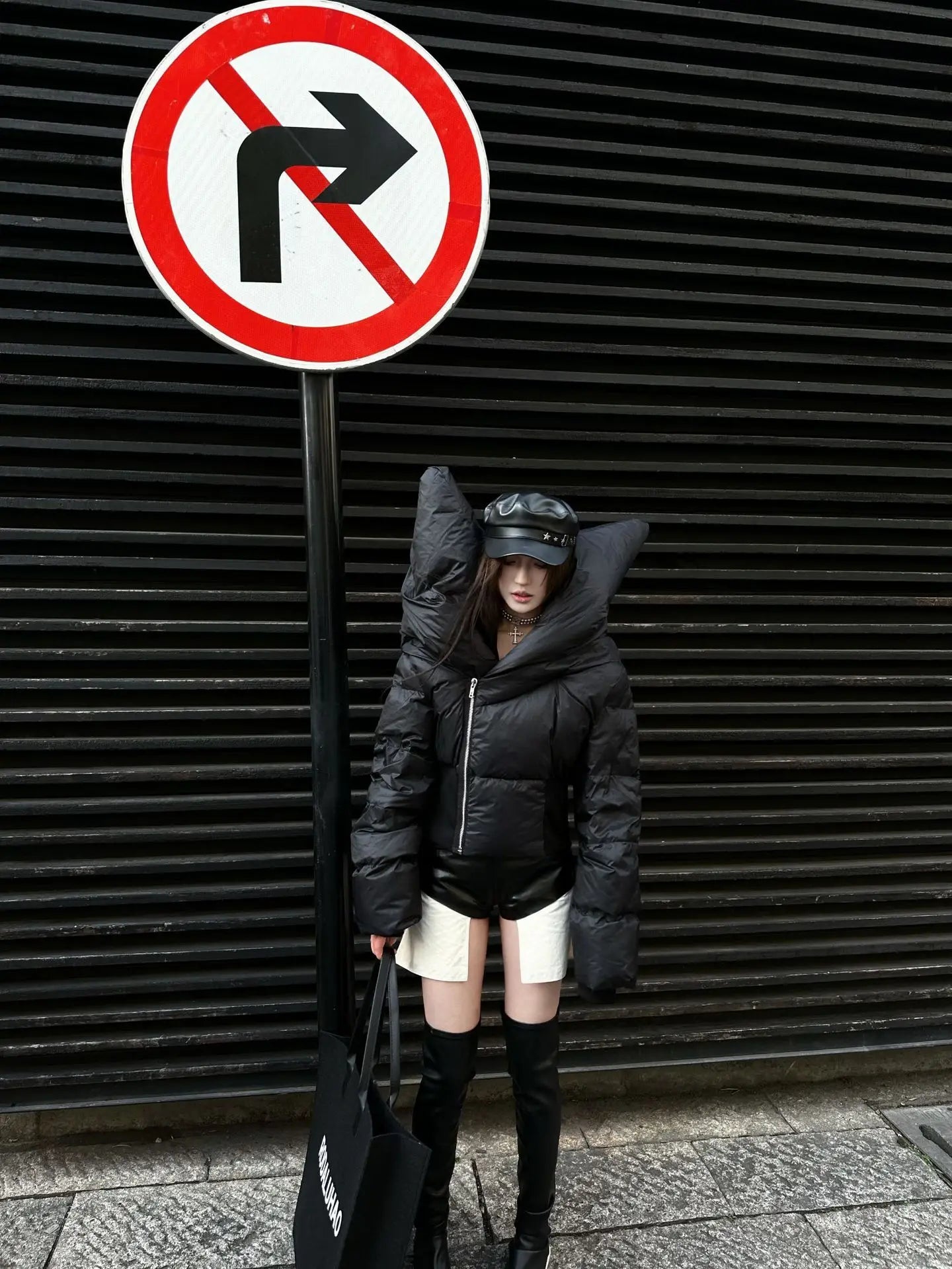 HKSH Asymmetrical Short Down Jacket – Stand Collar Dark Style Winter Coat for Women